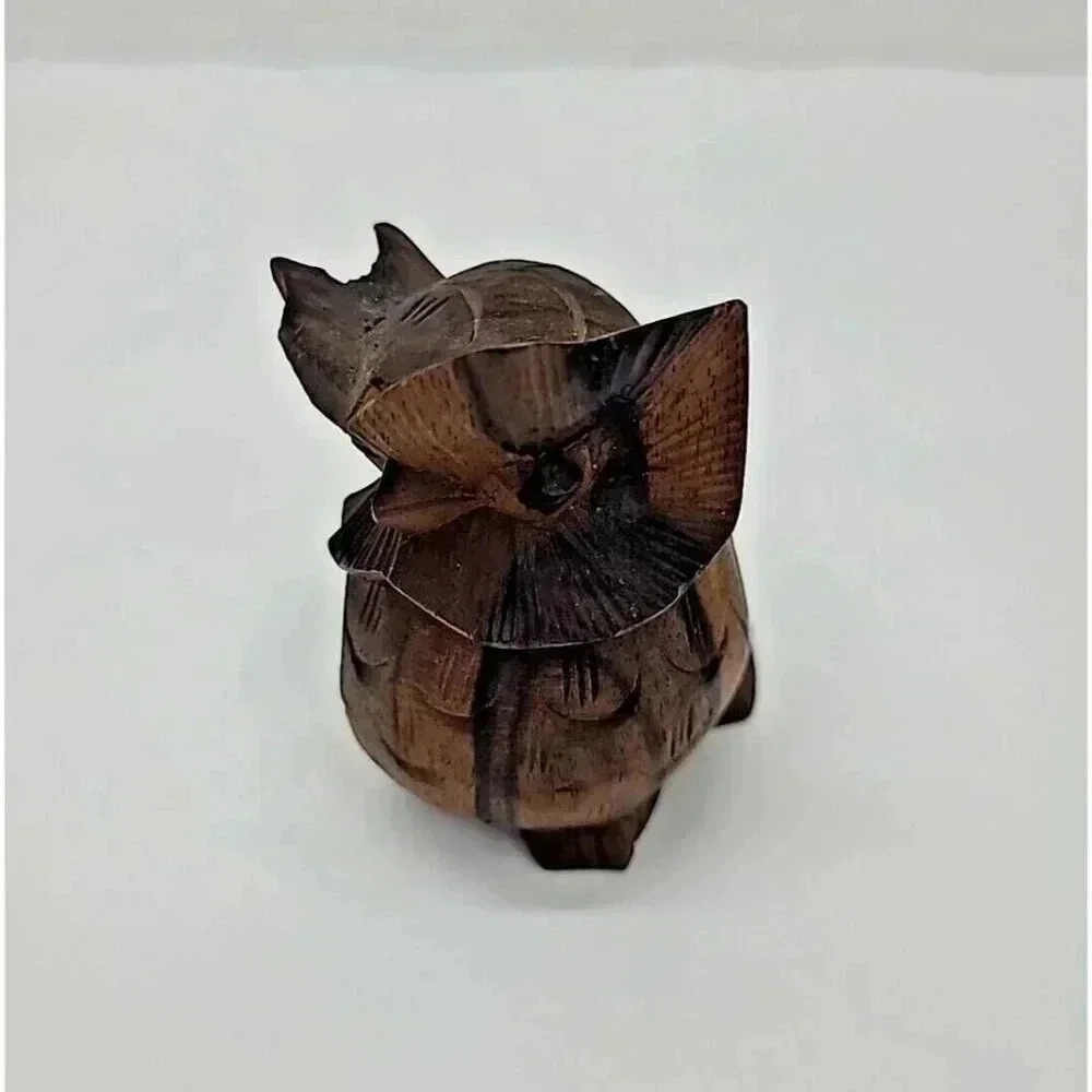 Vintage Hand Carved Walnut Wood Horned Owl Figurine MCM 2.5 Inch Shelf Sitter